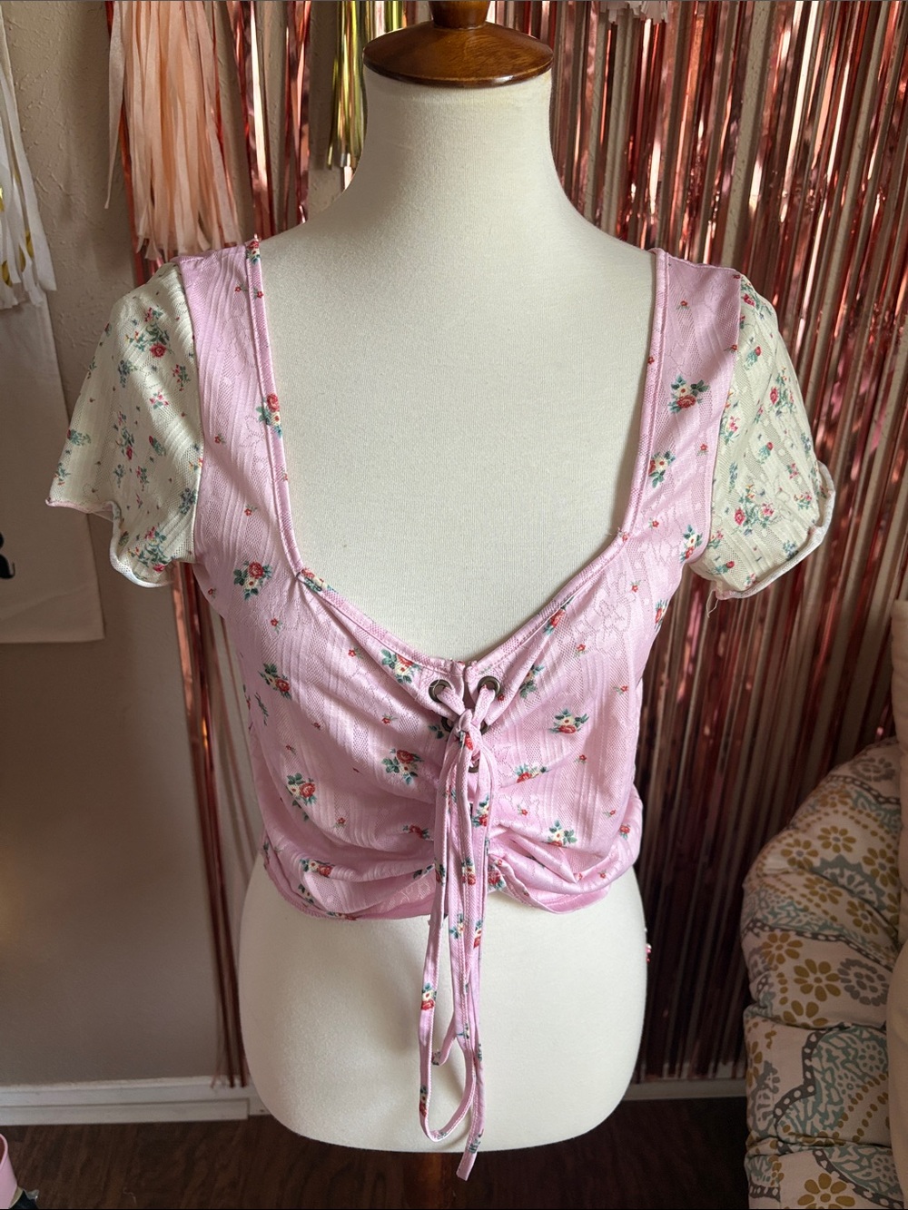 Dolls Kill x Holly Hobbie Floral Lace-Up Pink Crop Top with Cream Puff Sleeves